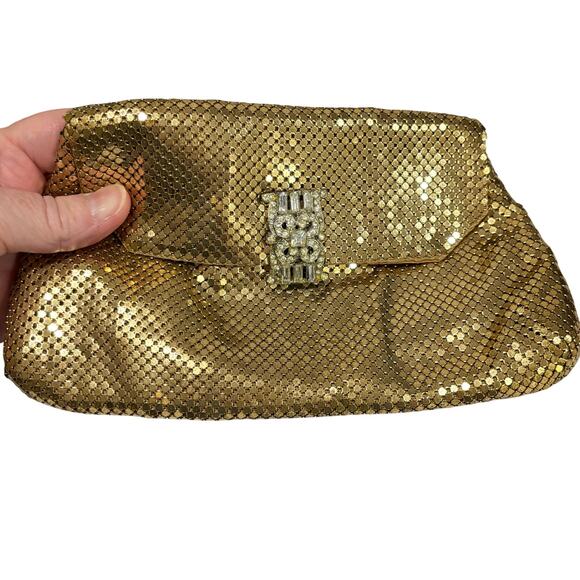 Vintage Whiting & Davis gold metal mesh clutch purse white rhinestones clasp - Picture 11 of 12